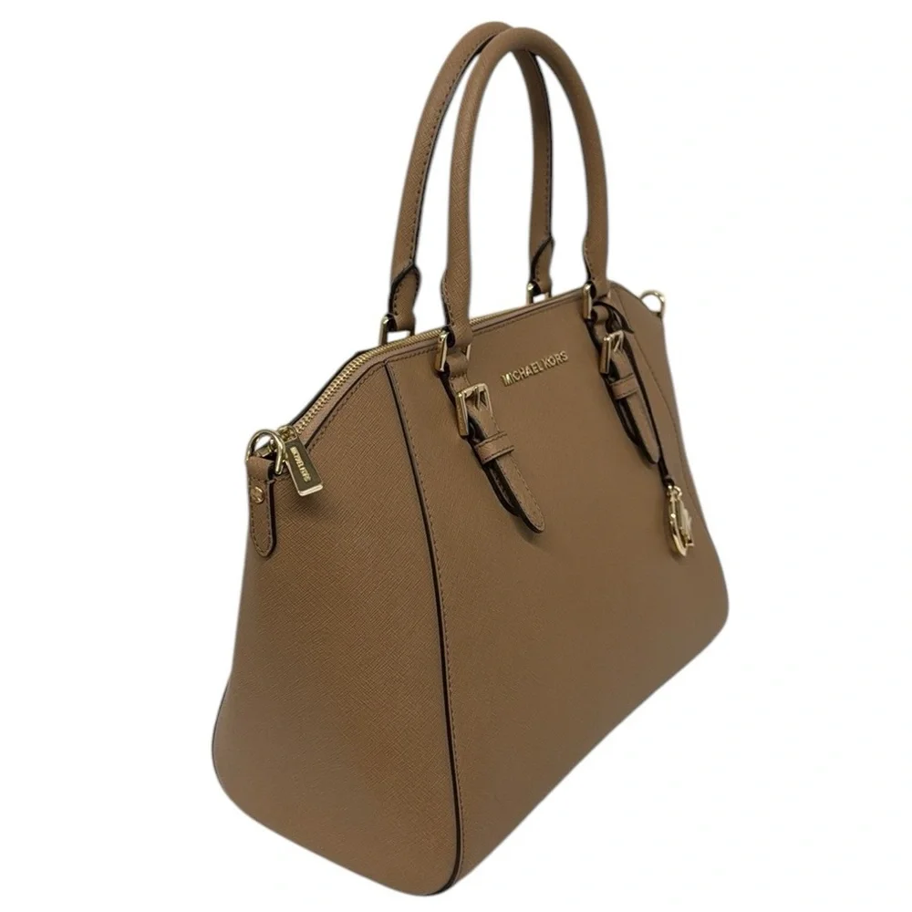 Michael Kors Camel-Beige Saffiano Leather Double Top Handles Satchel Bag Purse